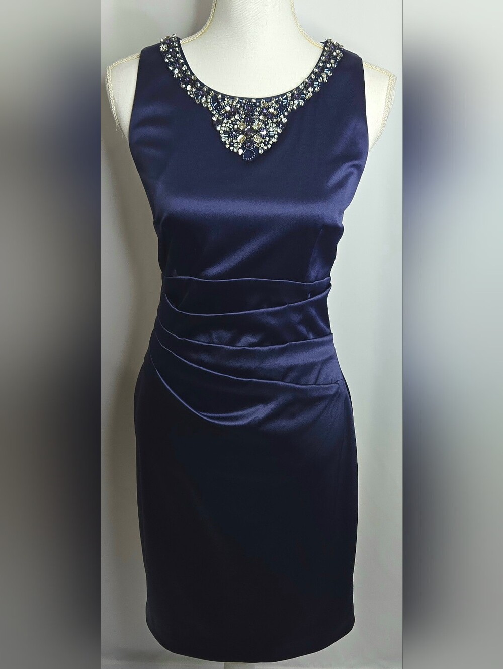 Eliza J Quality Navy Jeweled Satin Sheath Wedding Guest MOB MOG Dress NWOT 8